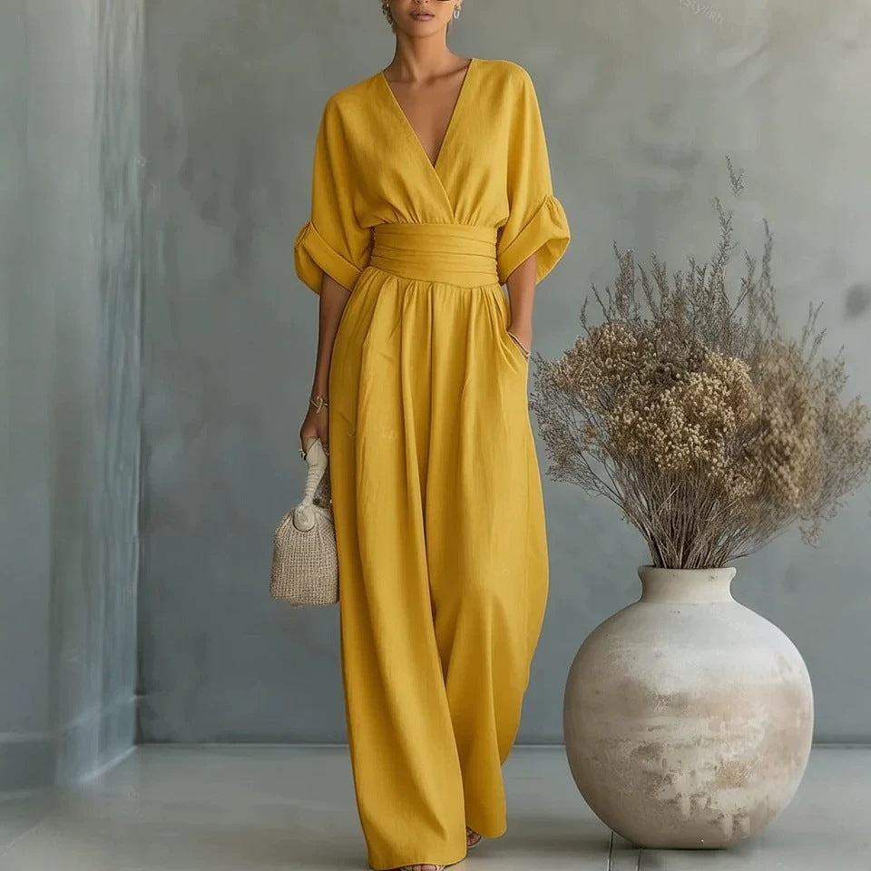 Womens Elegant V-Neck Waist-Slimming Jumpsuit