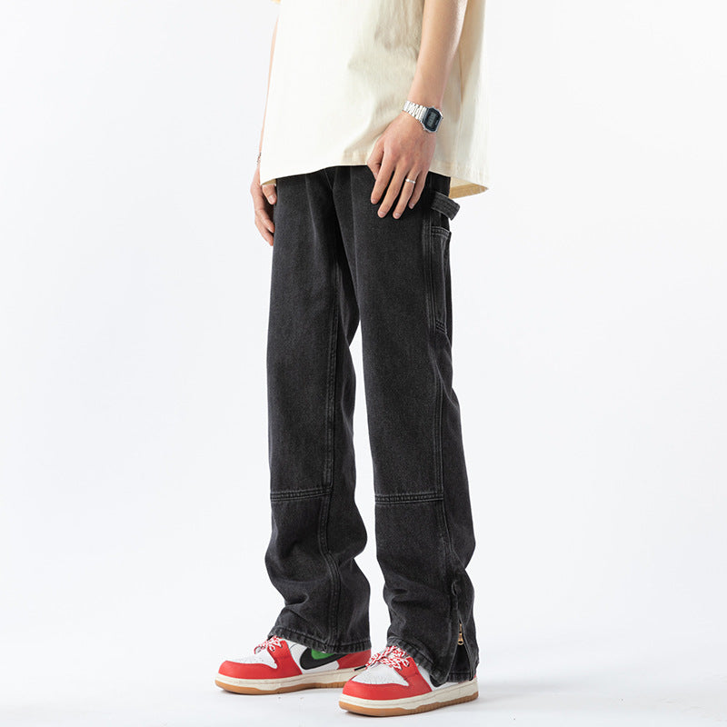 Retro Distressed Zipper-Slit Straight-Leg Jeans for Men