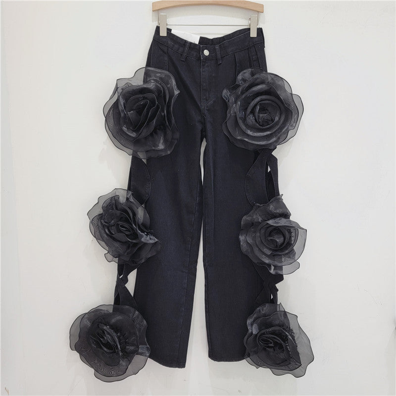 Trendy High-Waisted Pink Cut-Out Flower Denim Wide-Leg Pants