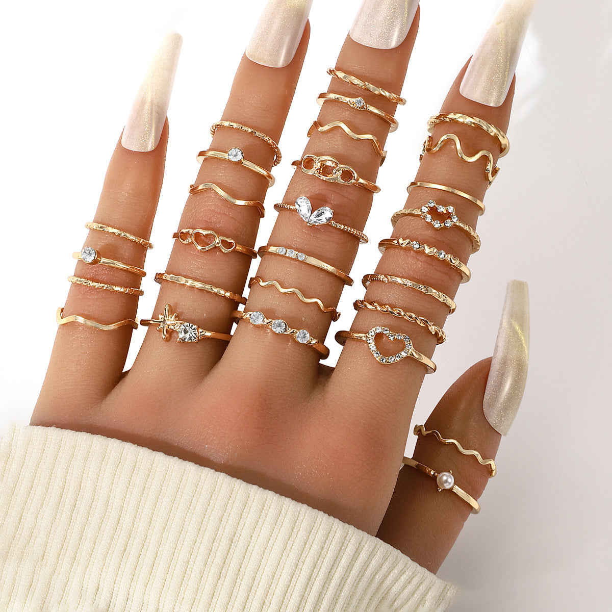 22-Piece Butterfly, Pearl, and Geometric Ring Set