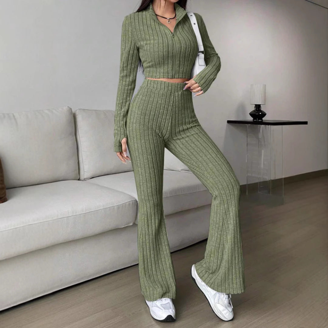 Zipper Cropped Top & High-Waisted Flared Pants Set
