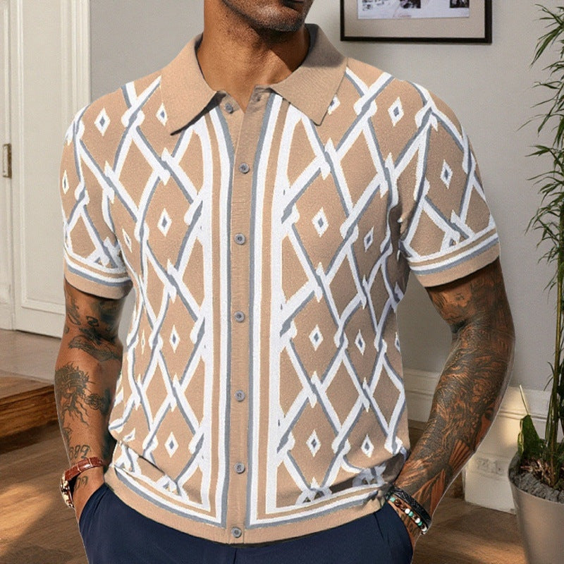 Jacquard Knit Polo Cardigan