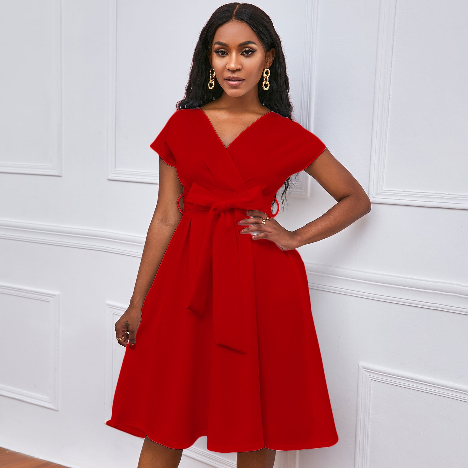 Women's Plus Size Solid Color Deep V Neck Big Swing Sexy Small dress