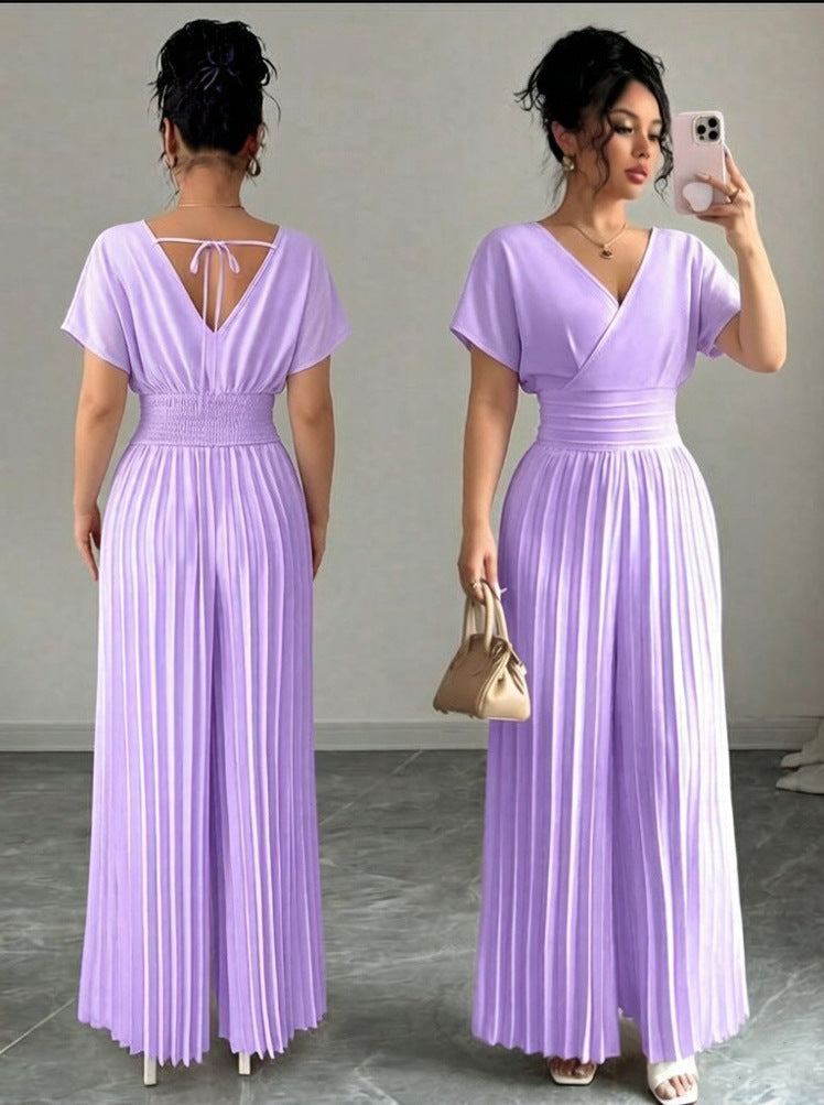 Women’s Elegant V-Neck Pleated Jumpsuit – Solid Color Waist-Cinching Short Sleeve Romper