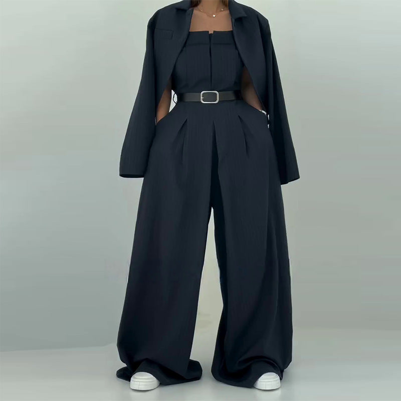 Women's Long Sleeve Jumpsuit Set with Belt
