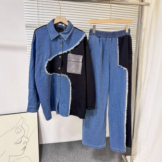 Retro Contrast-Stitch Denim Set