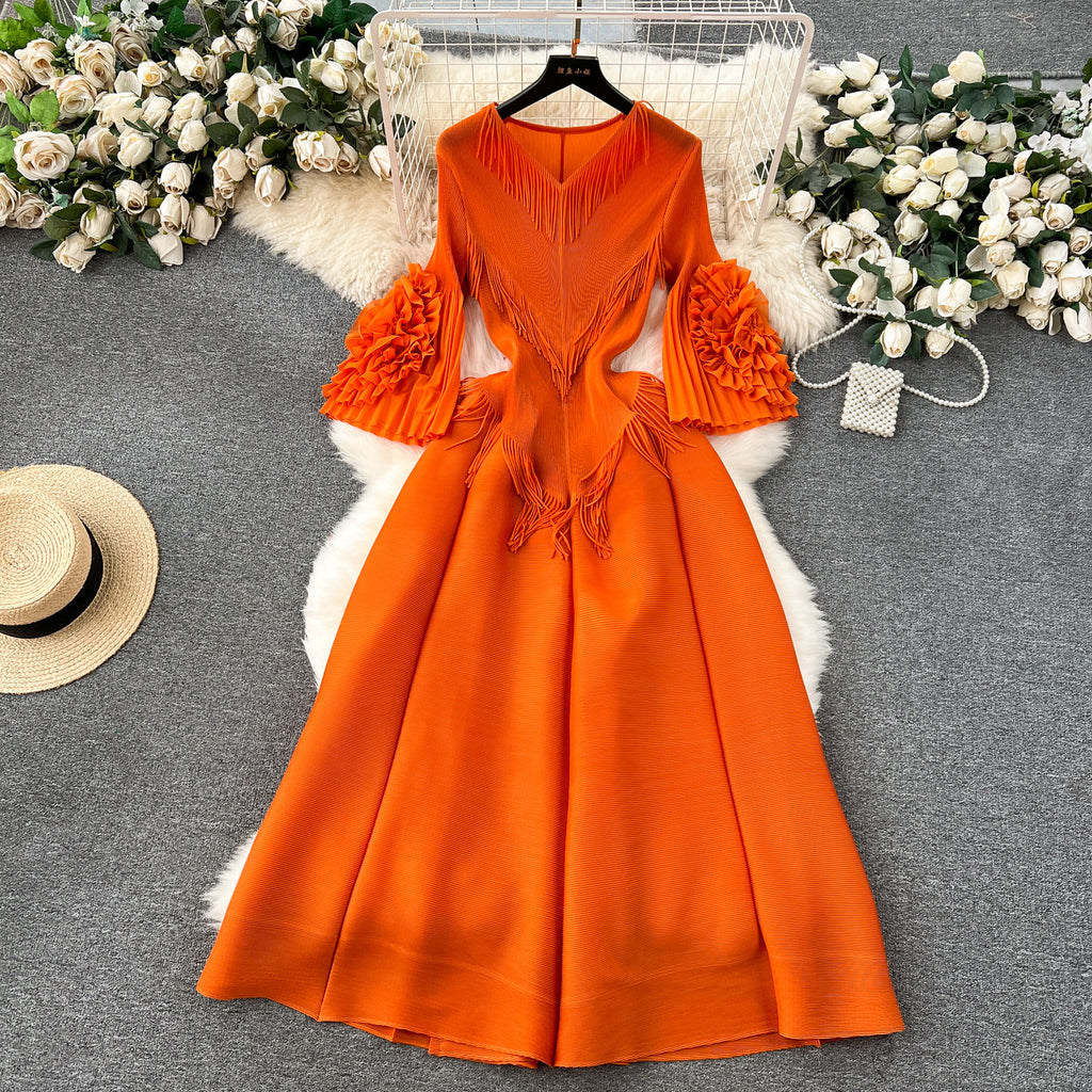 Elegant  Court-Style Tassel V-Neck Pleated Dress (On Hand)