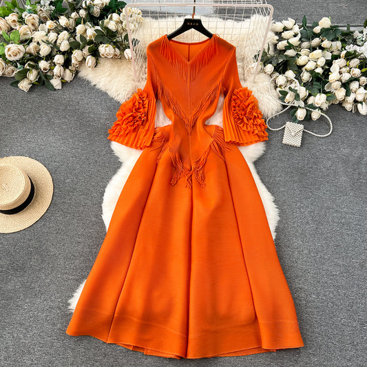 Elegant  Court-Style Tassel V-Neck Pleated Dress