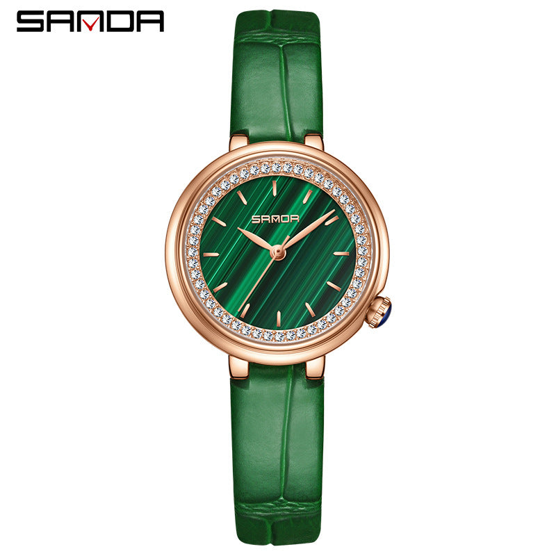 Elegant Malachite Quartz Watch with Crystal Stones - Luxury Women's