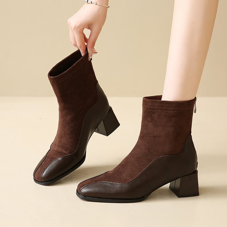 Retro Black Skinny Boots  Frosted Square-Toe Martin Boots for Women (On Hand)