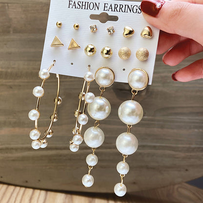 Set Pearl Crystal Stud Earrings