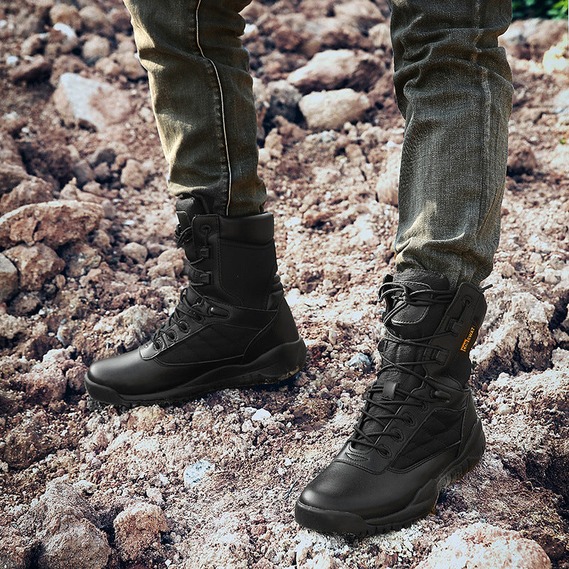 Mens Cross-Border Spring & Summer Leather Outdoor Sports Shoes  Thick-Soled Hiking & Military Style Training Boots