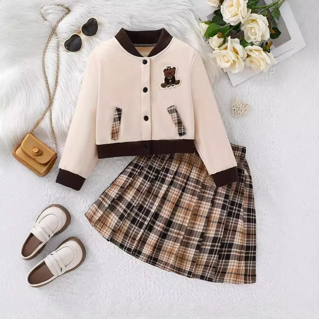 Bear-Embroidered Jacket & Plaid Skirt Set