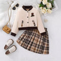 Bear-Embroidered Jacket & Plaid Skirt Set