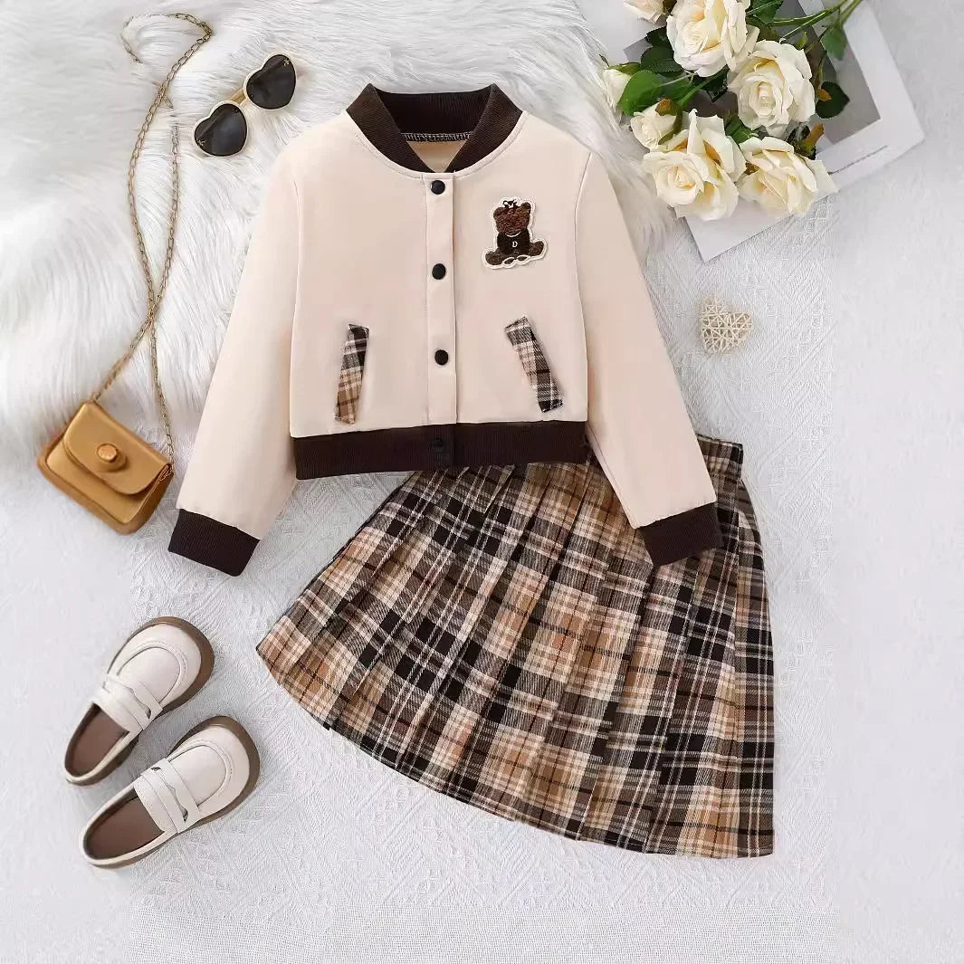 Bear-Embroidered Jacket & Plaid Skirt Set