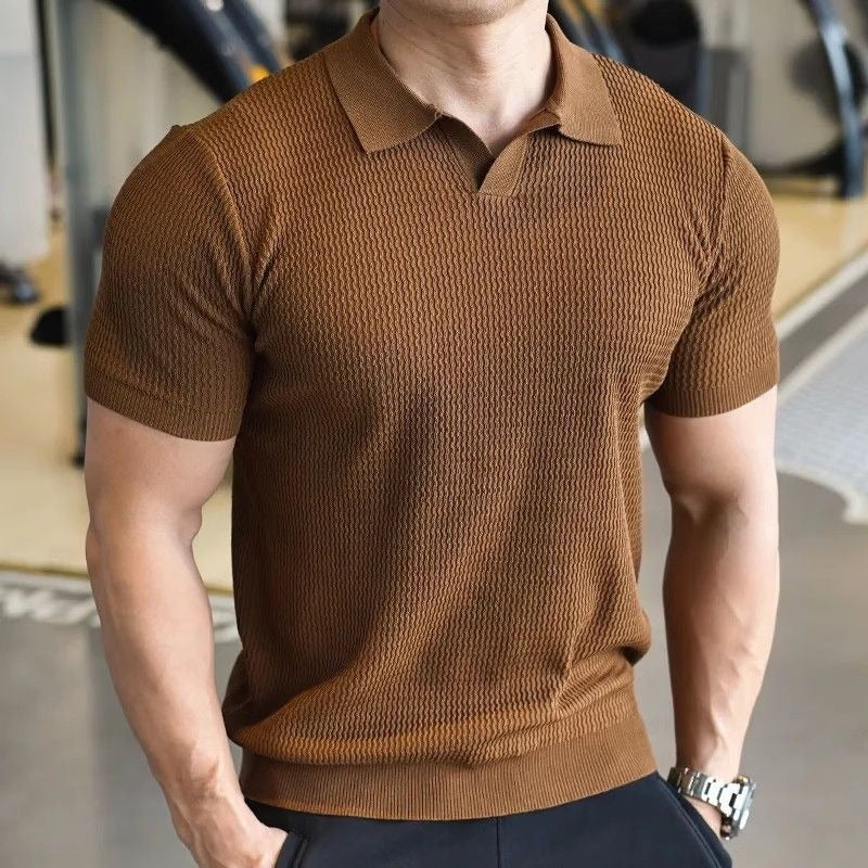 Mens Slim Fit Ice Silk Knit T-Shirt  Breathable Short Sleeve Summer Sweater