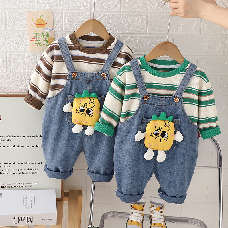 Pineapple Striped Romper Two-Piece Set  Playful Spring & Autumn Outfit for Babies & Toddlers (0-4 Years)