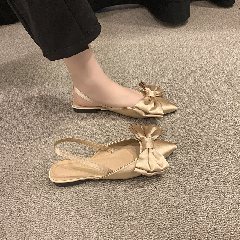 Korean Silk Bow Flat Sandals  Two-Way Wear, Pointed Toe & Square Heel