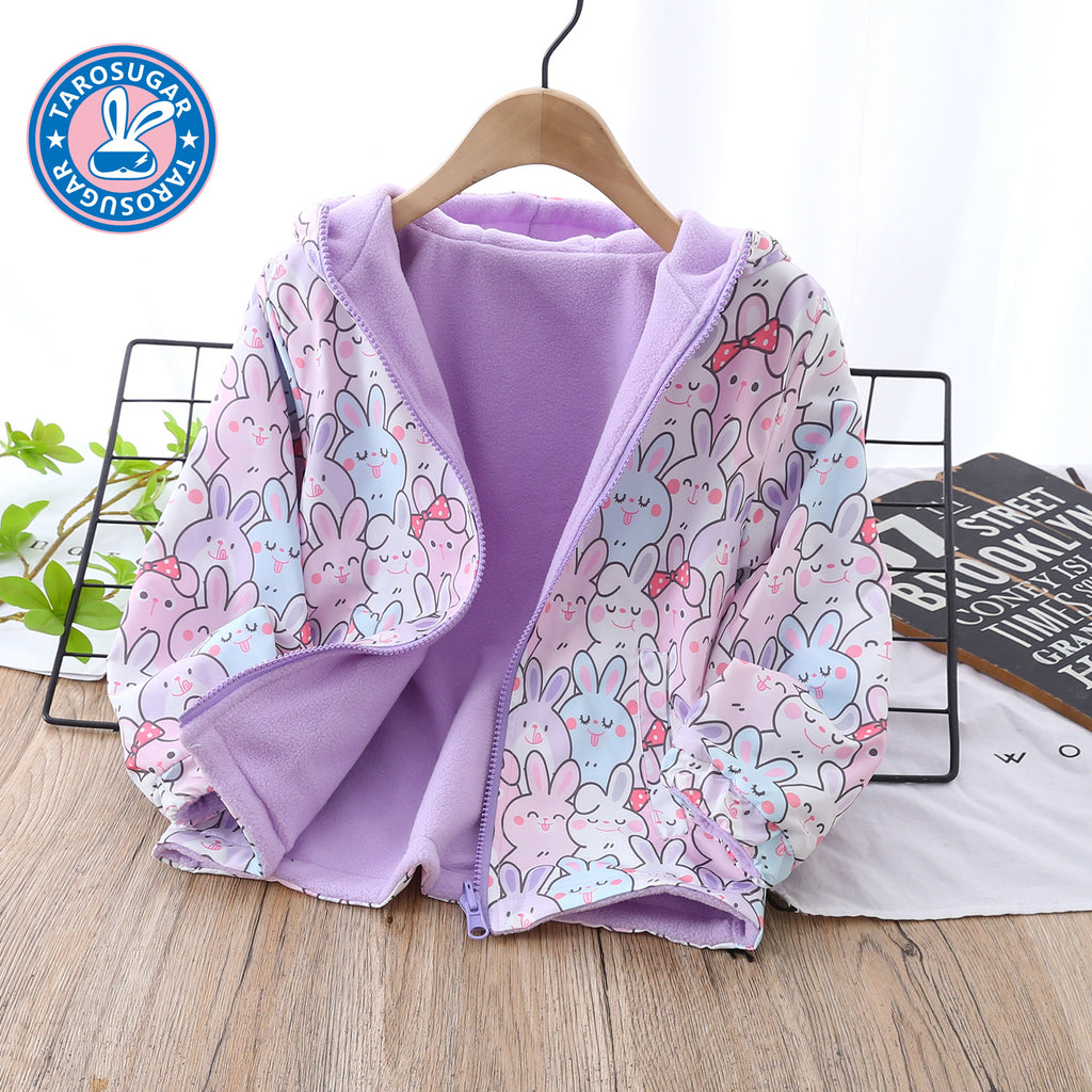 Reversible Girls' Hooded Polar Fleece Jacket  Thickened Winter Warmth