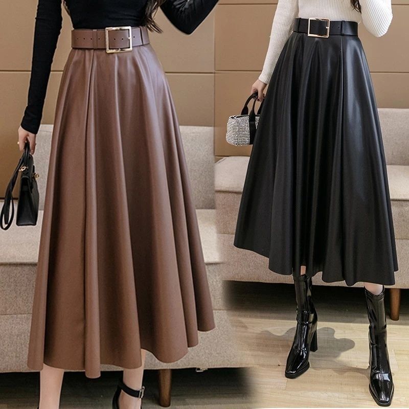 Coffee Leather Pleated Skirt  High-Waisted A-Line Midi for Autumn/Winter