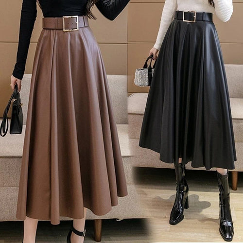 Coffee Leather Pleated Skirt  High-Waisted A-Line Midi for Autumn/Winter
