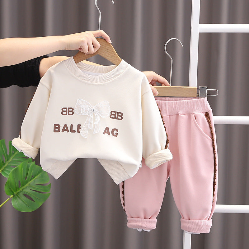 Bow & Letter Print Sweatshirt Set - Spring/Autumn Two-Piece Outfit for Baby Girls (0-4 Years)