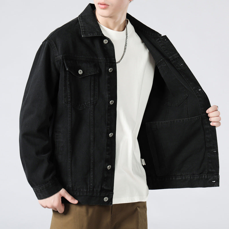 Men's Washed Denim Jacket  Loose Retro Casual Lapel Coat