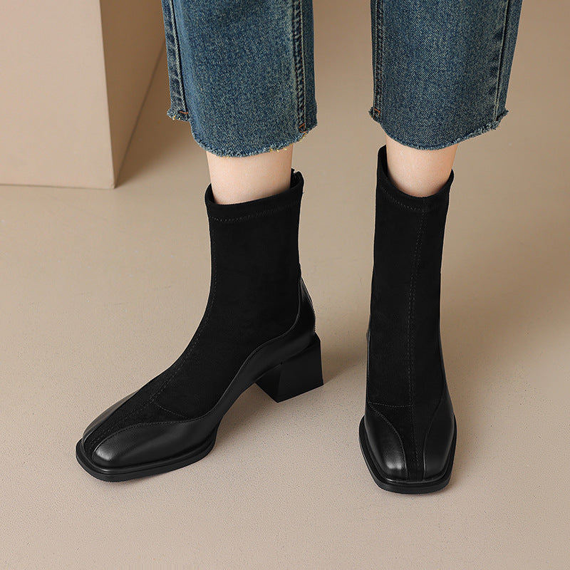 Mid-Heel Square Toe Splicing Boots