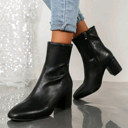 New high heel block heel side zipper leather boots