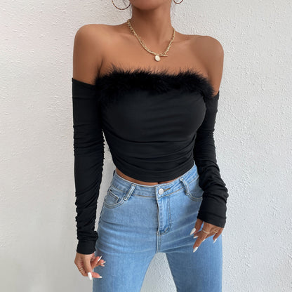 Summer long-sleeved top, straight neck, backless and off-the-shoulder top