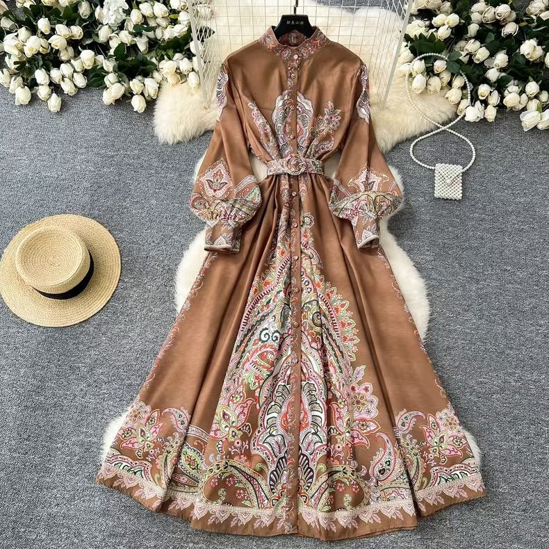 Printed Stand Collar Tie-Waist Dress
