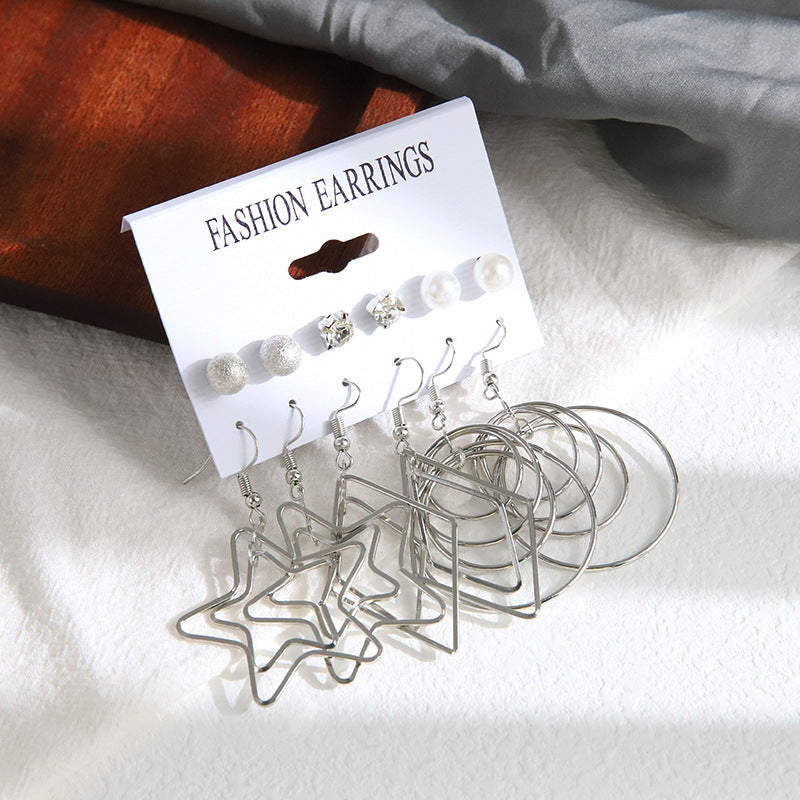 Five Pointed Star Circle Alloy Earrings with Pearl and Diamond Studs - 6 Pairs
