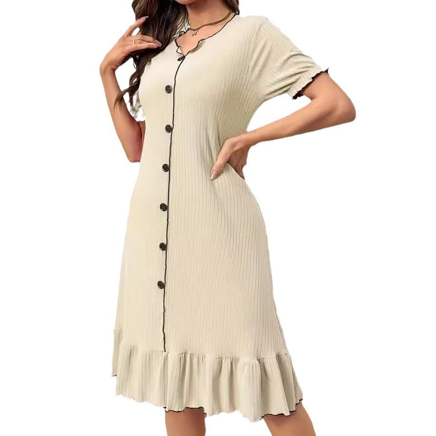 Elegant Knitted Button-Up Slim Dress  Short Sleeve