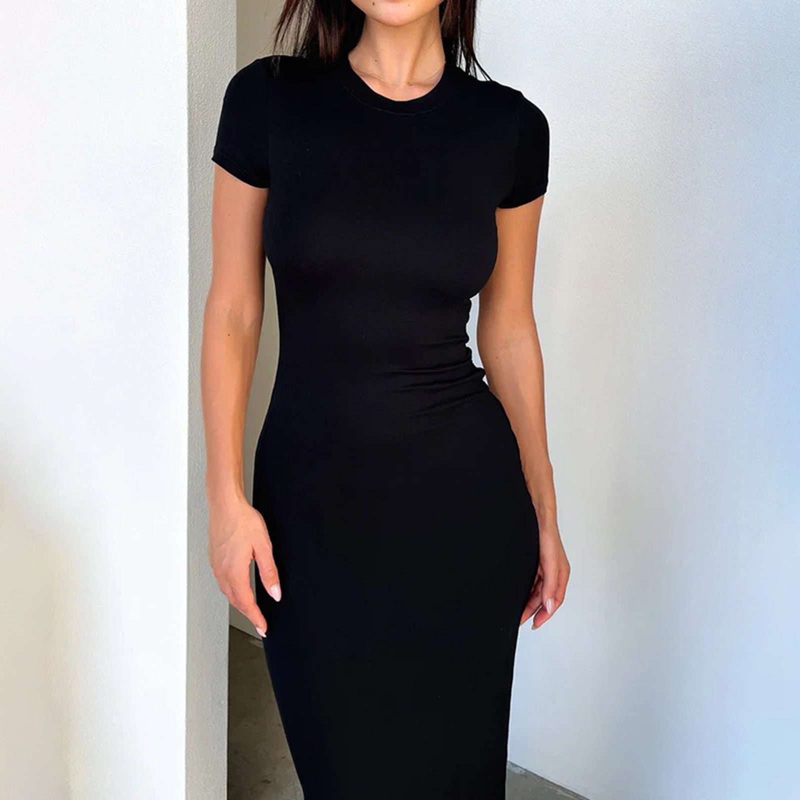 Spring summer solid color temperament slim short sleeve dress