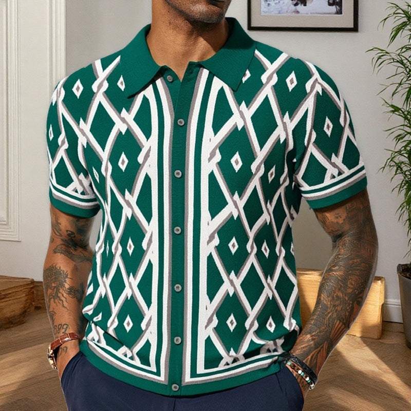 Jacquard Knit Polo Cardigan
