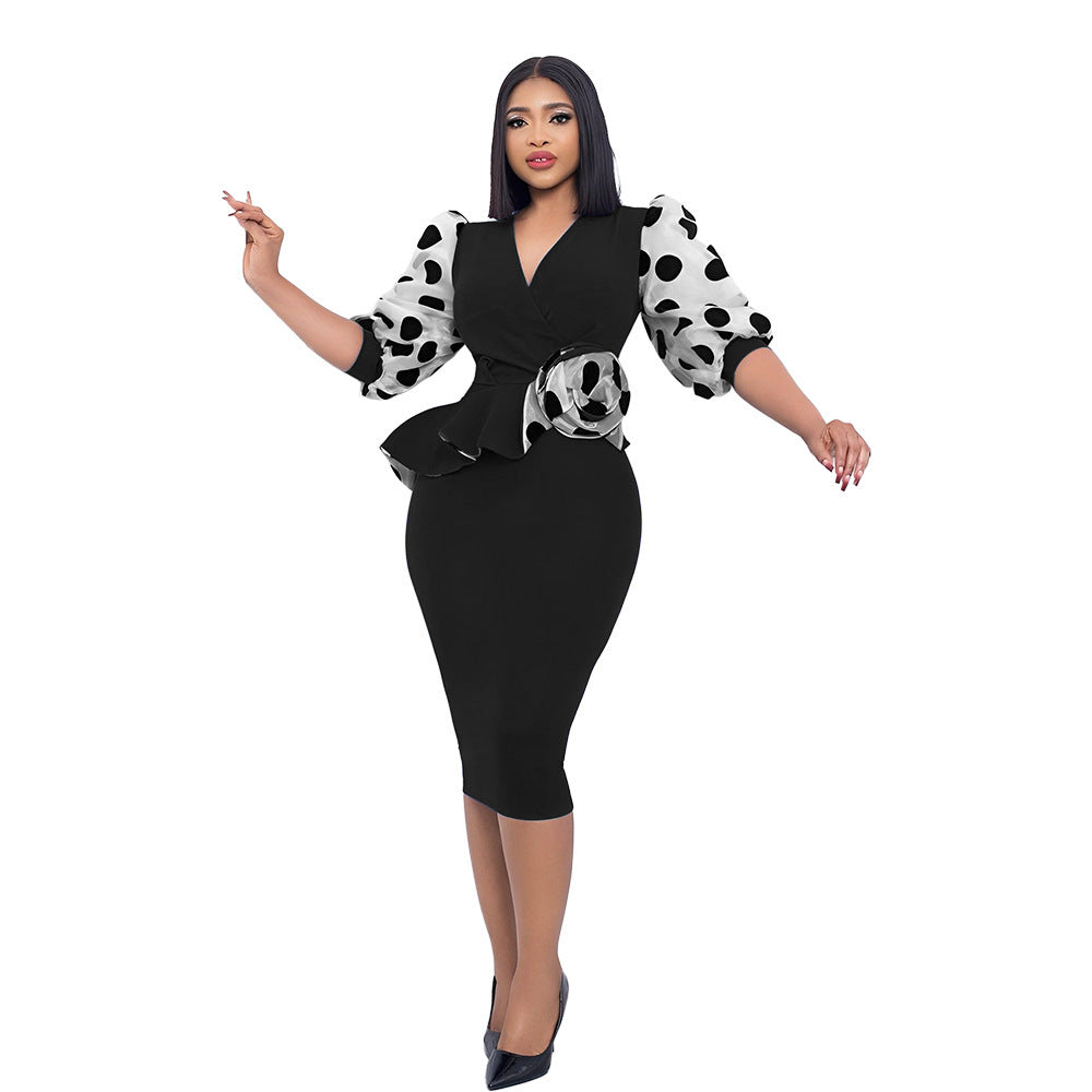 Elegant Mesh Stitching V-Neck Hip Dress