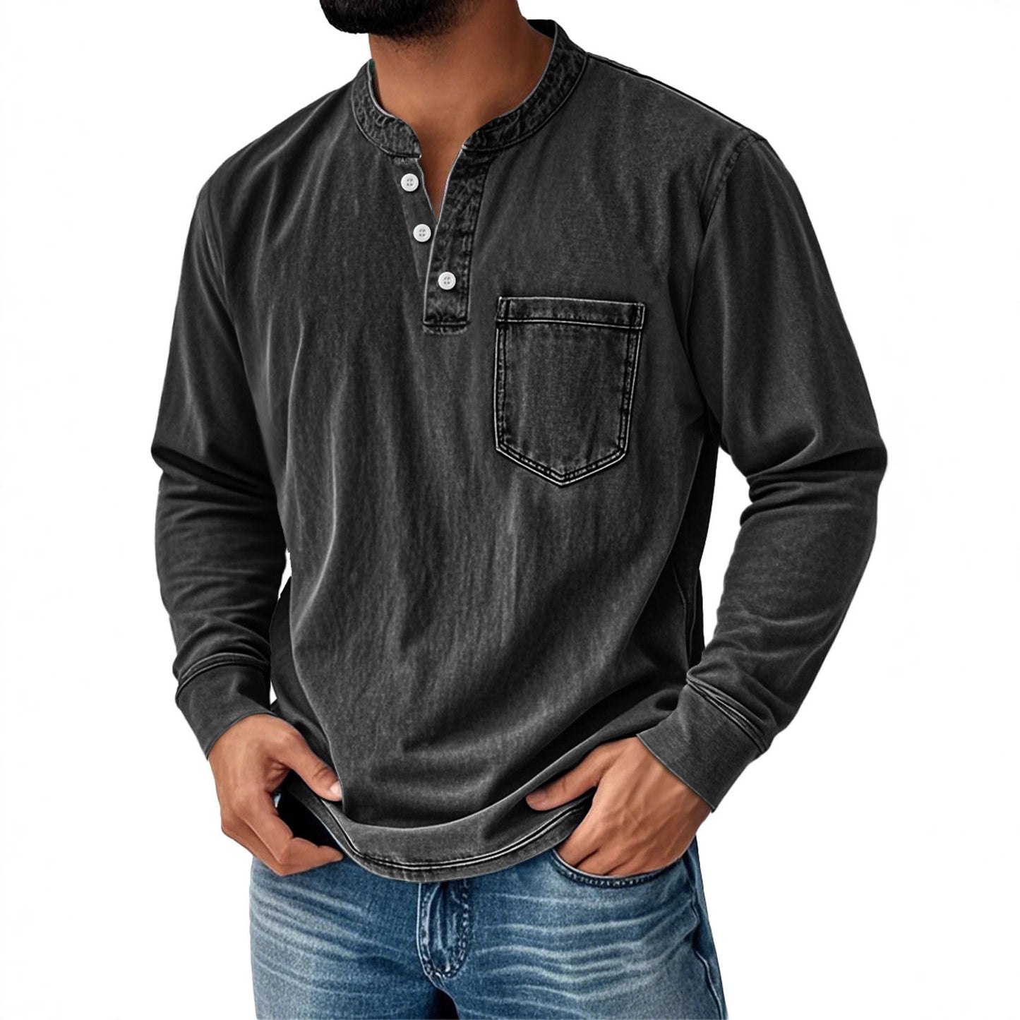 Mens 3D Print Semi-Zip Long Sleeve Polo Shirt