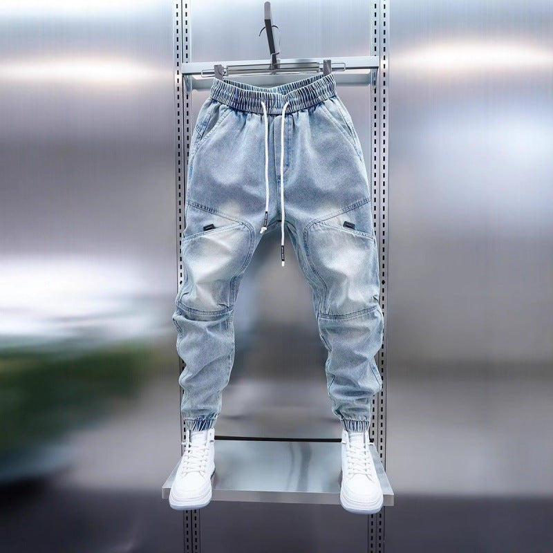 Mens Washed Retro Cargo Jeans  Loose Fit Multi-Pocket Cropped Harem Pants