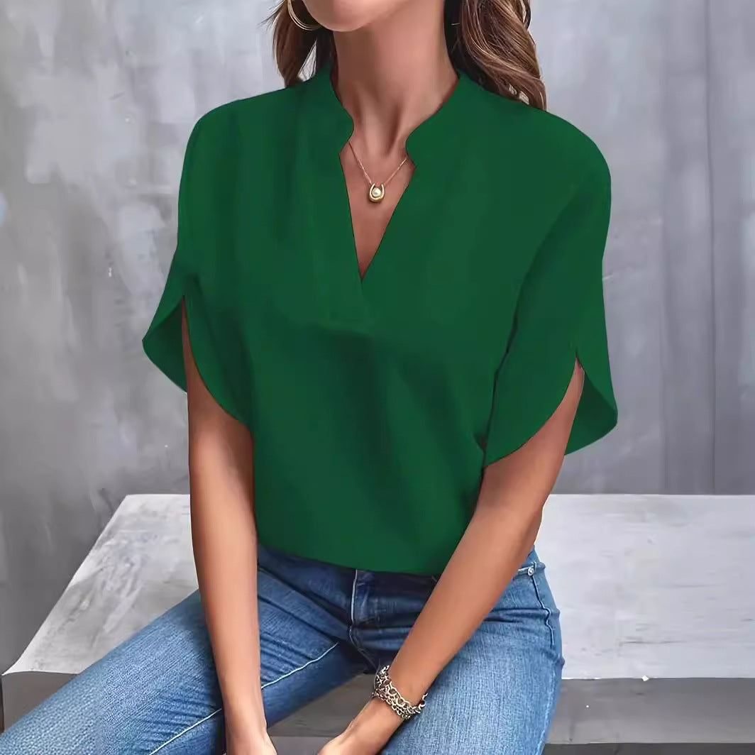 Summer Casual V-Neck Loose Fit Women’s Solid Color Top