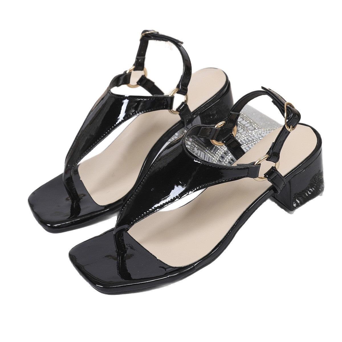 Womens Square Toe Patent Leather T-Strap Thick Heel Sandals  Plus Size