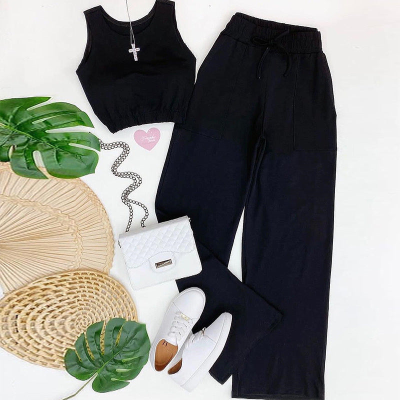 Solid color cropped vest, drawstring high-waisted straight pants, fashionable casual suit