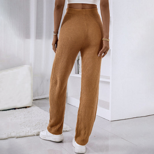 Casual home high-waisted slim solid color stretch wool trousers