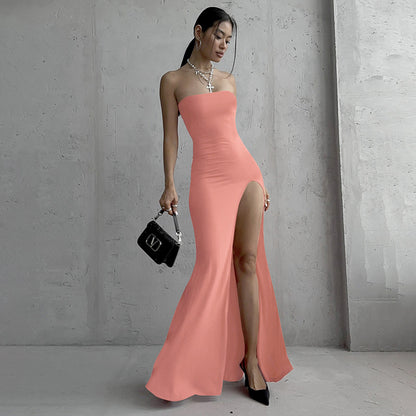 Solid color high-waisted long skirt bandeau slit dress