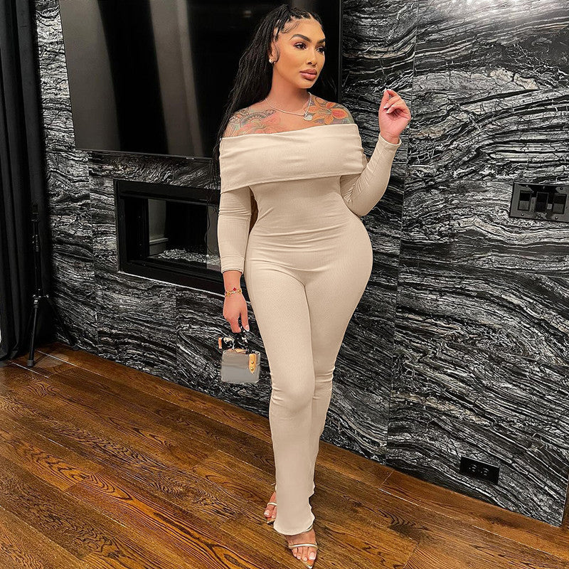 Pit Strip One-shoulder Long Sleeve Solid Color Slim Stretch Jumpsuit