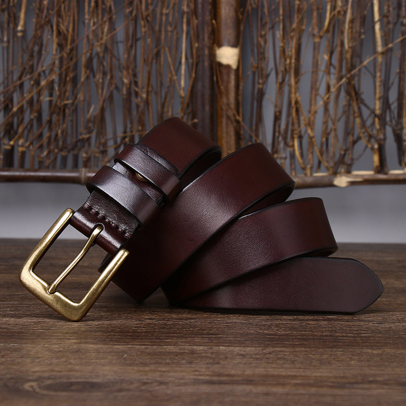 Men’s Genuine Leather Belt with 3.3 cm Pure Copper Pin Buckle