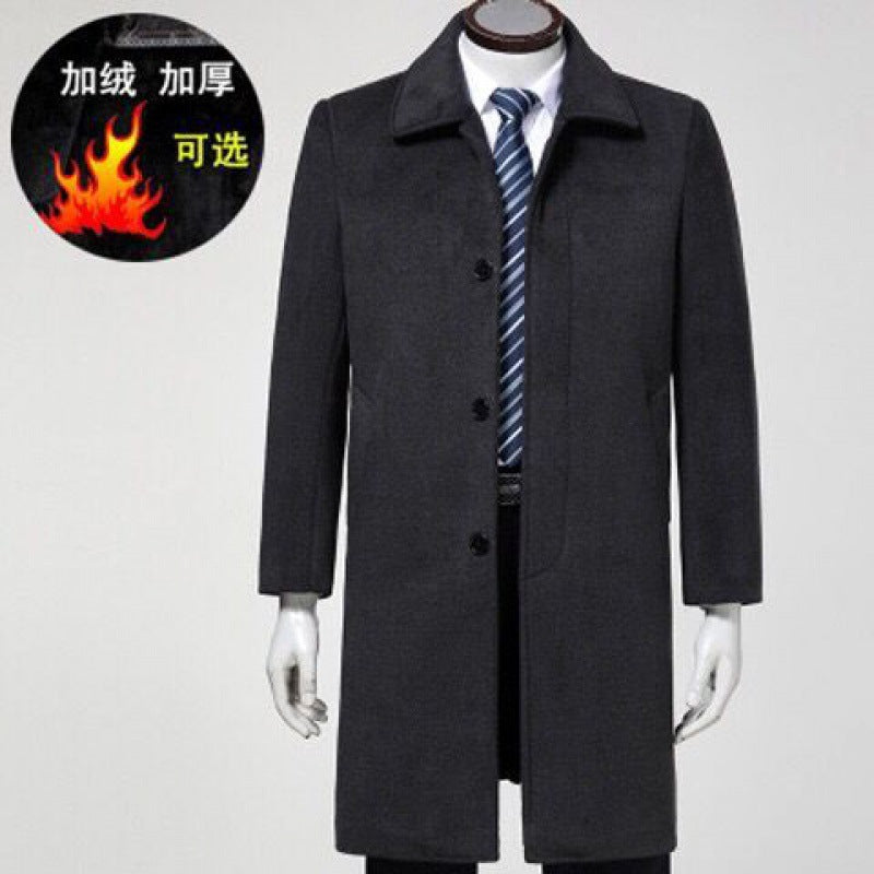 Mens Woolen Trench Coat Business Casual Long Over-Knee Jacket Autumn Winter