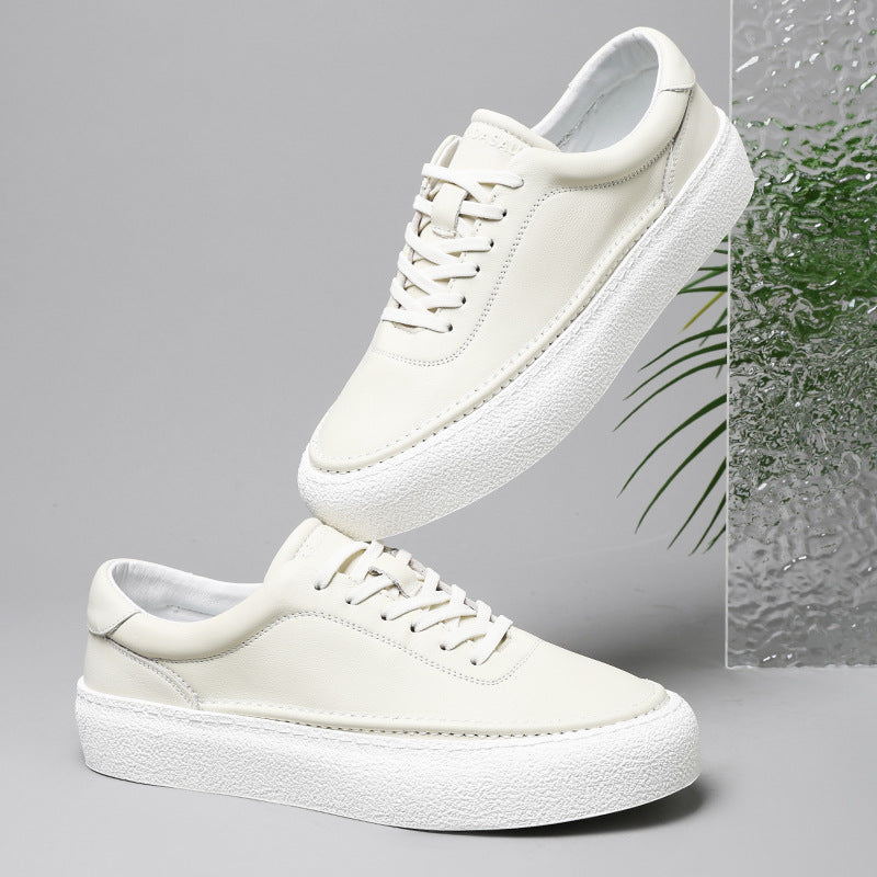 Mens White Leather Sneakers  Breathable Korean Style Casual Shoes