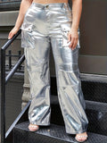 Hot silver, straight, wide-legged overalls, plus-size women's leather pants