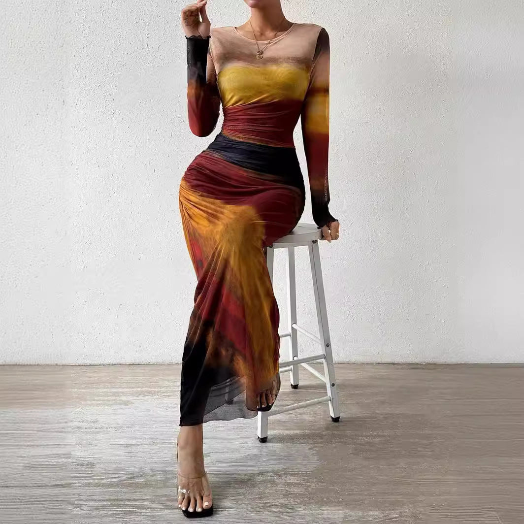 Elegant Contrast Rendered Slim Waist Dress
