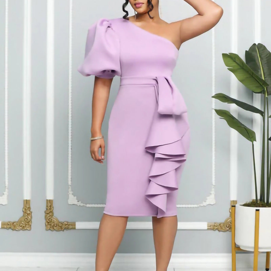 New Oblique Shoulder Puff Sleeve Wrap Hip Sexy Dress Plus Size